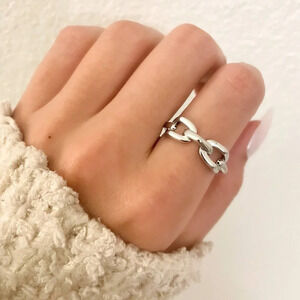 925 Sterling Silver Chain Link Ring Band Midi Ring Thumb Ring Adjustable Ring